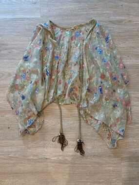 Holly Harp Sheer Floral Metallic Tie-Front Shrug XS-M